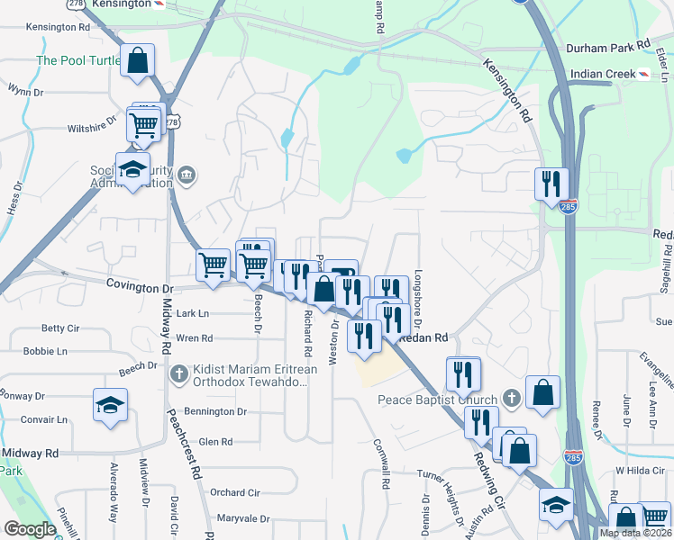 map of restaurants, bars, coffee shops, grocery stores, and more near 3587 Swallow Lane in Decatur