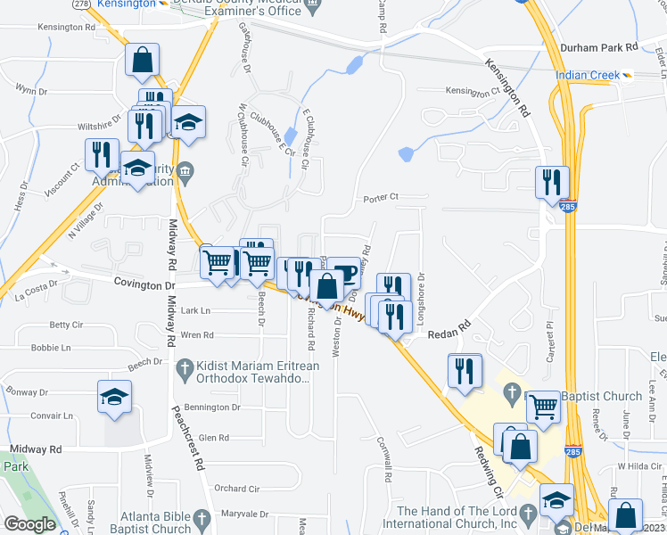 map of restaurants, bars, coffee shops, grocery stores, and more near 3780 Covington Highway in Decatur