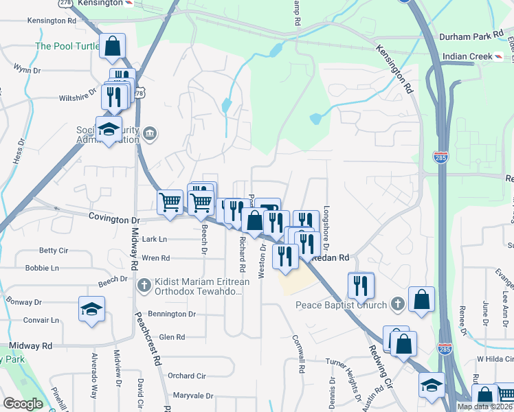 map of restaurants, bars, coffee shops, grocery stores, and more near 3780 Covington Highway in Decatur