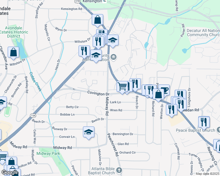 map of restaurants, bars, coffee shops, grocery stores, and more near 3581 Midway Road in Decatur