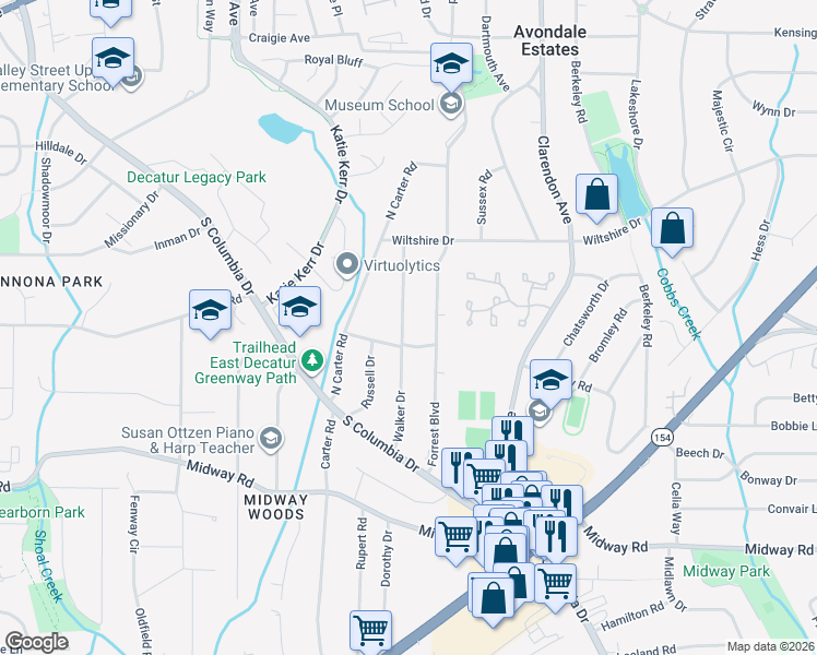 map of restaurants, bars, coffee shops, grocery stores, and more near 1119 Walker Drive in Decatur