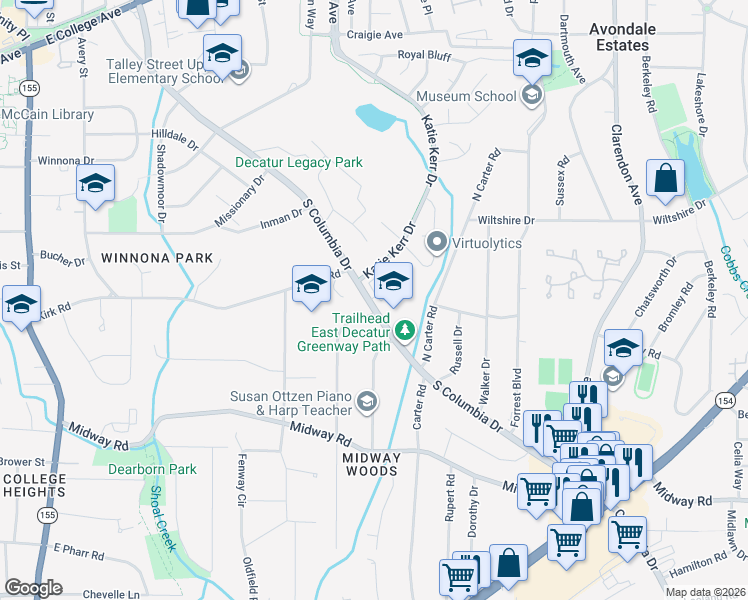 map of restaurants, bars, coffee shops, grocery stores, and more near 838 South Columbia Drive in Decatur