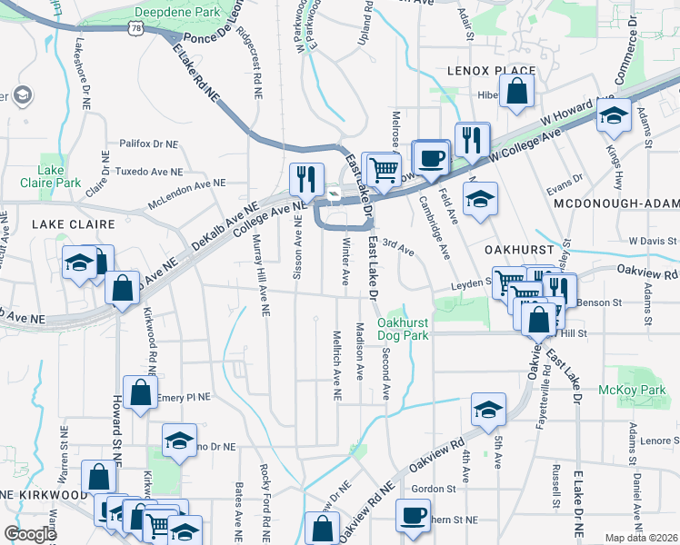 map of restaurants, bars, coffee shops, grocery stores, and more near 250 Winter Avenue in Decatur