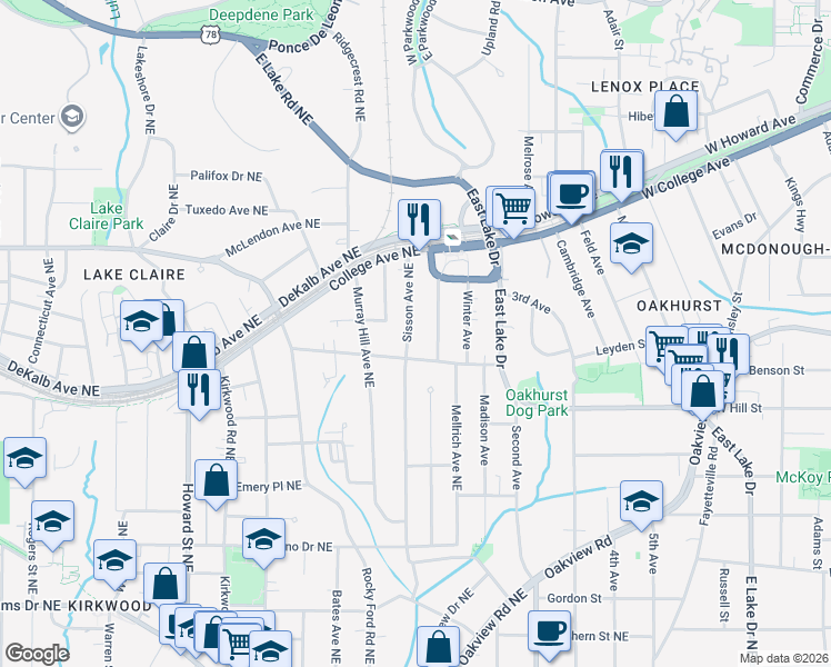 map of restaurants, bars, coffee shops, grocery stores, and more near 304 Sisson Avenue Northeast in Atlanta