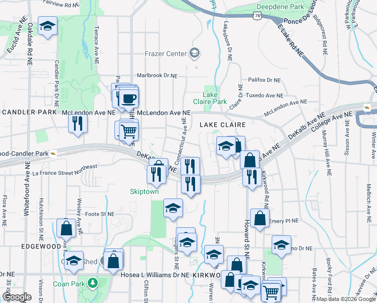 map of restaurants, bars, coffee shops, grocery stores, and more near 1802 New York Avenue Northeast in Atlanta