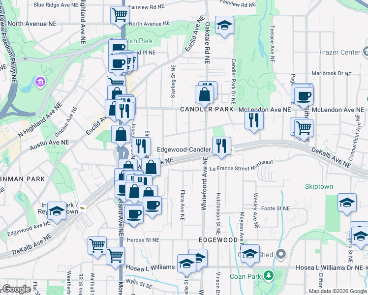 map of restaurants, bars, coffee shops, grocery stores, and more near 284 Ferguson Street Northeast in Atlanta