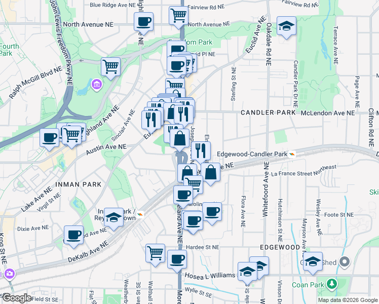 map of restaurants, bars, coffee shops, grocery stores, and more near 279 Josephine Street Northeast in Atlanta