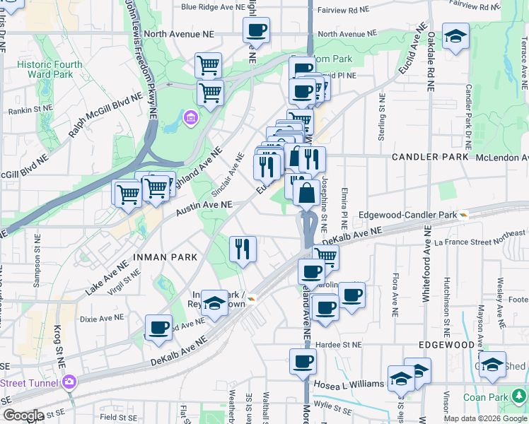 map of restaurants, bars, coffee shops, grocery stores, and more near 1083 Austin Avenue Northeast in Atlanta