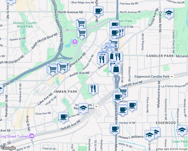 map of restaurants, bars, coffee shops, grocery stores, and more near 1083 Austin Avenue Northeast in Atlanta