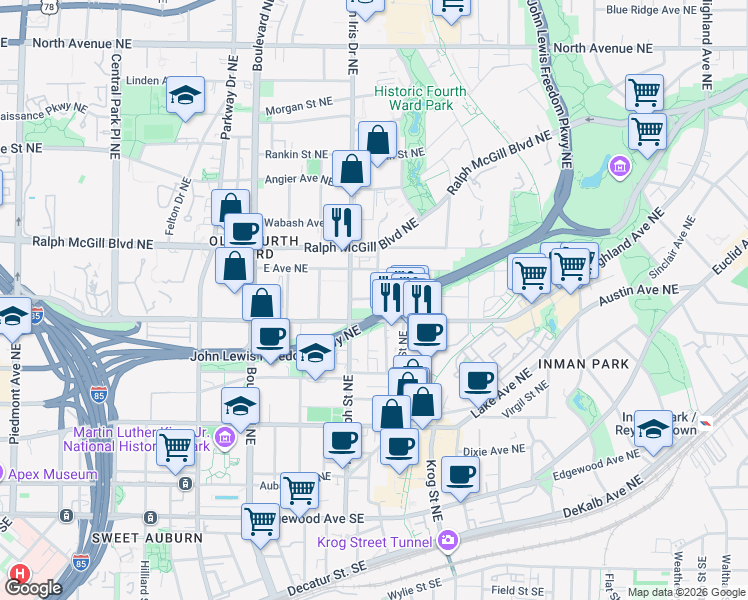 map of restaurants, bars, coffee shops, grocery stores, and more near 271 Glen Iris Drive Northeast in Atlanta