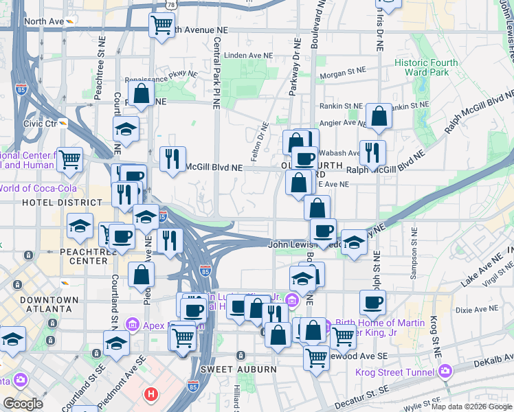 map of restaurants, bars, coffee shops, grocery stores, and more near 266 Parkway Drive Northeast in Atlanta