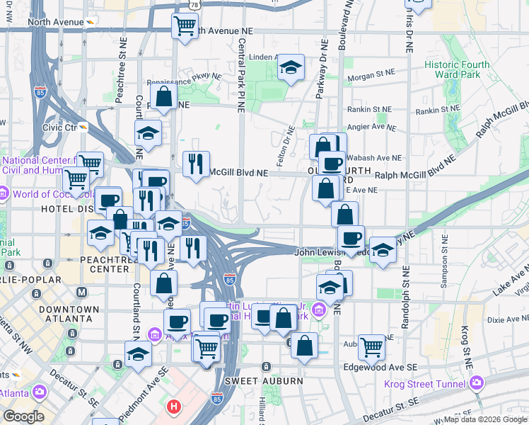 map of restaurants, bars, coffee shops, grocery stores, and more near 1315 McGill Park Avenue Northeast in Atlanta