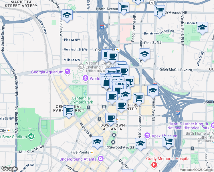 map of restaurants, bars, coffee shops, grocery stores, and more near 270 Peachtree Street in Atlanta