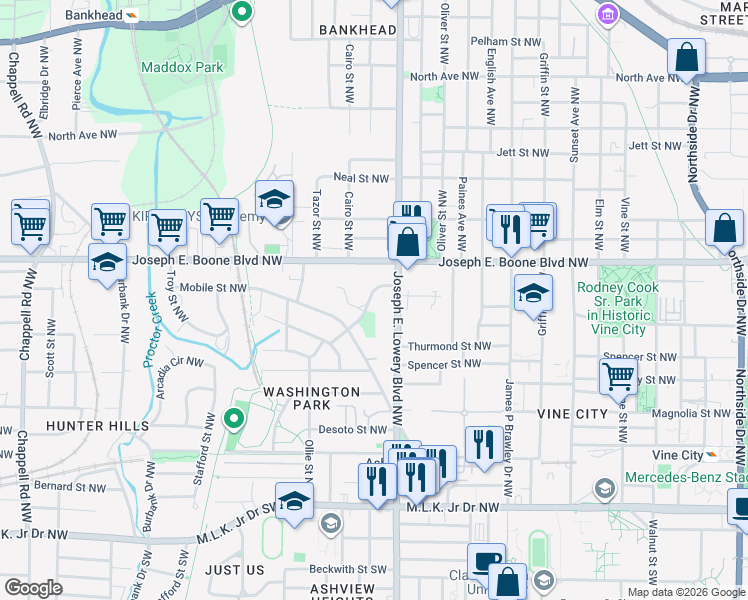 map of restaurants, bars, coffee shops, grocery stores, and more near 968 Ashby Circle Northwest in Atlanta