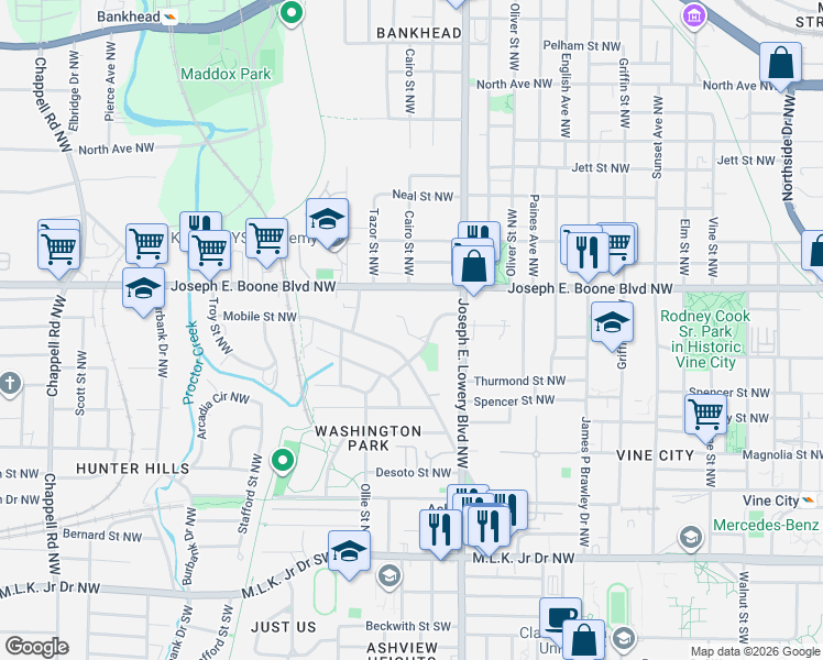 map of restaurants, bars, coffee shops, grocery stores, and more near 1000 Ashby Terrace Northwest in Atlanta
