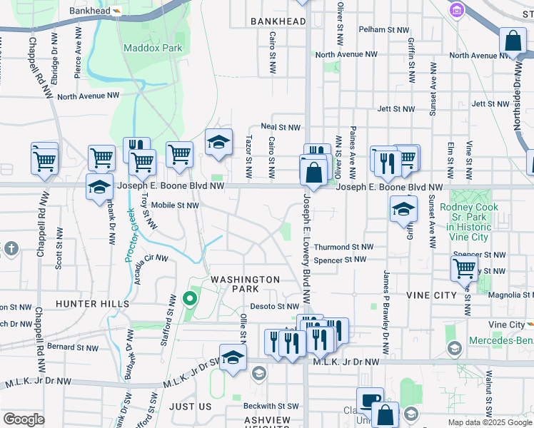 map of restaurants, bars, coffee shops, grocery stores, and more near 1000 Ashby Terrace Northwest in Atlanta