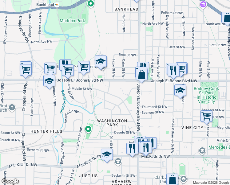 map of restaurants, bars, coffee shops, grocery stores, and more near 1070 Mayson Turner Road Northwest in Atlanta