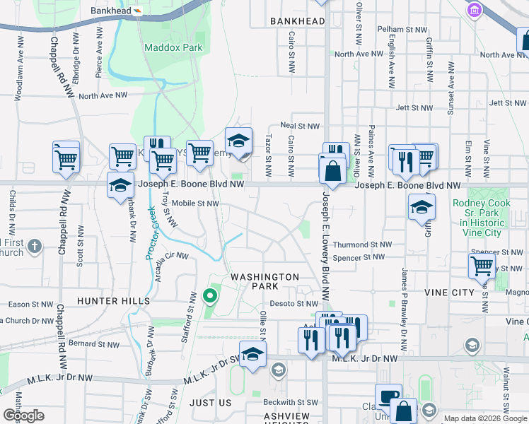 map of restaurants, bars, coffee shops, grocery stores, and more near 1070 Mayson Turner Road Northwest in Atlanta