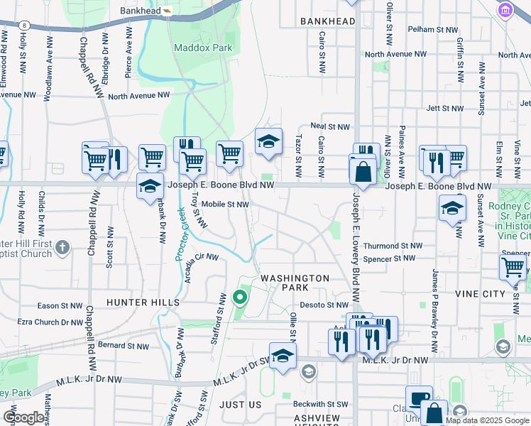 map of restaurants, bars, coffee shops, grocery stores, and more near 1088 Mayson Turner Road Northwest in Atlanta