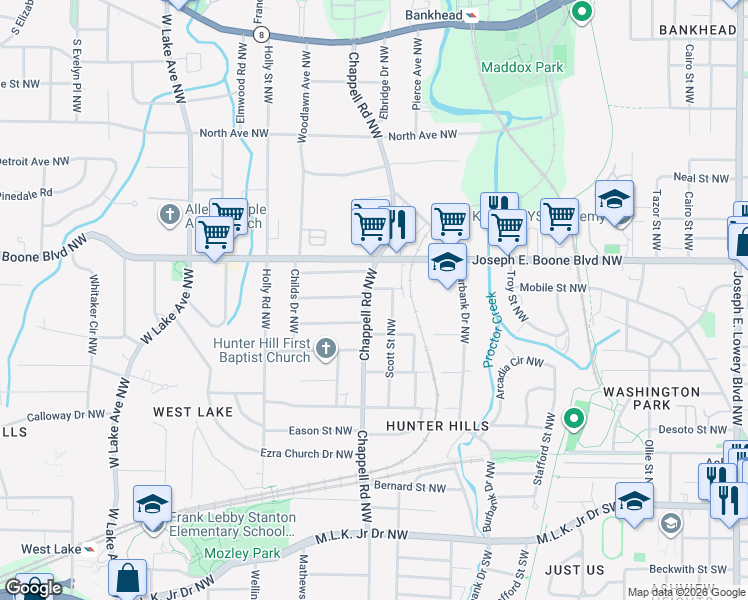 map of restaurants, bars, coffee shops, grocery stores, and more near 250 Chappell Road Northwest in Atlanta