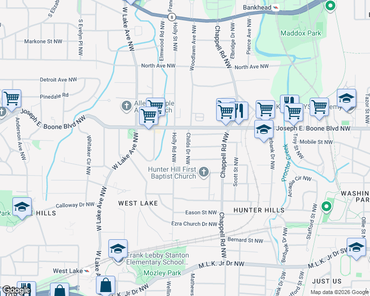 map of restaurants, bars, coffee shops, grocery stores, and more near 251 Childs Drive Northwest in Atlanta