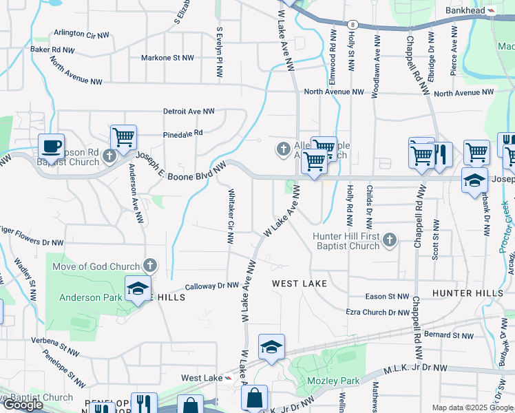map of restaurants, bars, coffee shops, grocery stores, and more near 250 Richardson Road Northwest in Atlanta