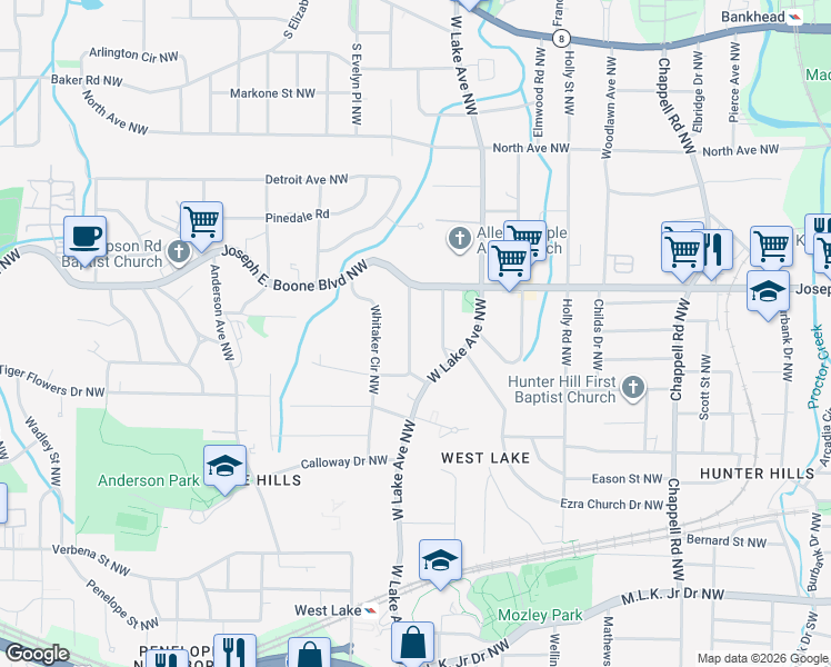 map of restaurants, bars, coffee shops, grocery stores, and more near 250 Richardson Road Northwest in Atlanta