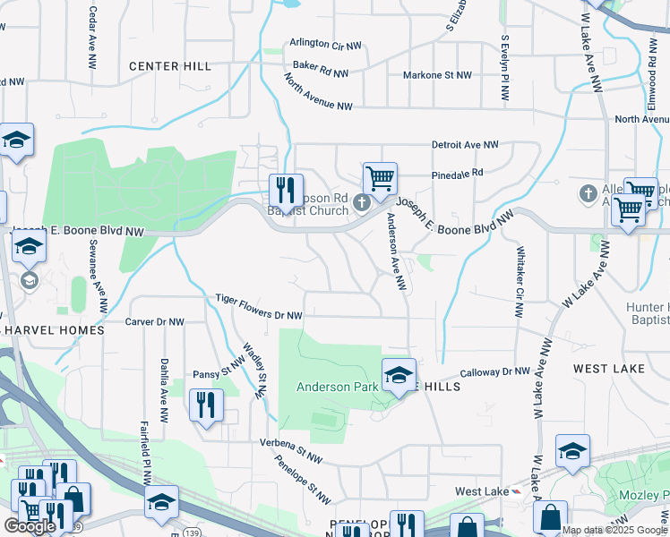 map of restaurants, bars, coffee shops, grocery stores, and more near 251 Aurora Avenue Northwest in Atlanta