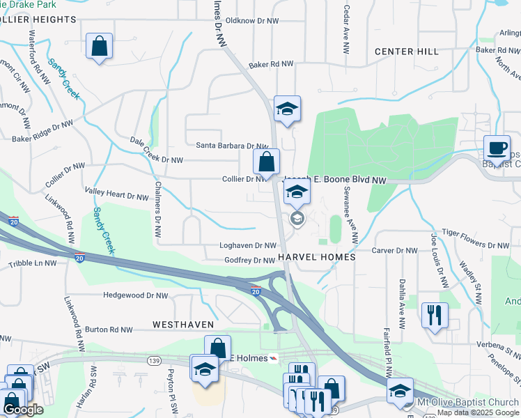 map of restaurants, bars, coffee shops, grocery stores, and more near 2557 Hightower Court Northwest in Atlanta