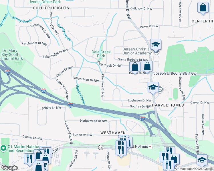 map of restaurants, bars, coffee shops, grocery stores, and more near 241 Chalmers Drive Northwest in Atlanta