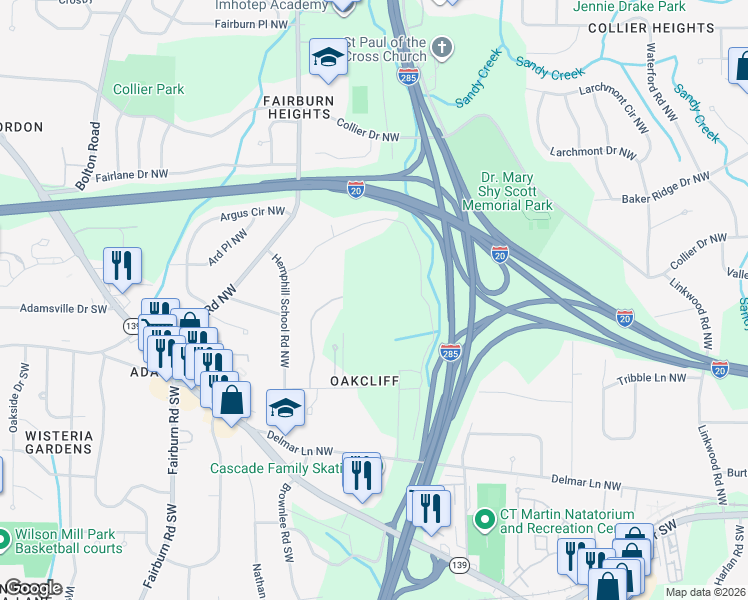 map of restaurants, bars, coffee shops, grocery stores, and more near 3383 Oakcliff Road Northwest in Atlanta