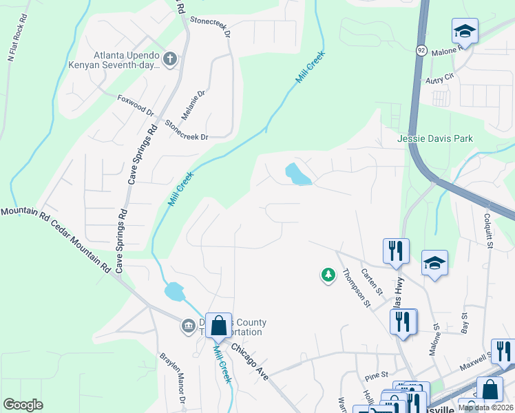 map of restaurants, bars, coffee shops, grocery stores, and more near 7957 Lake Wind Court in Douglasville
