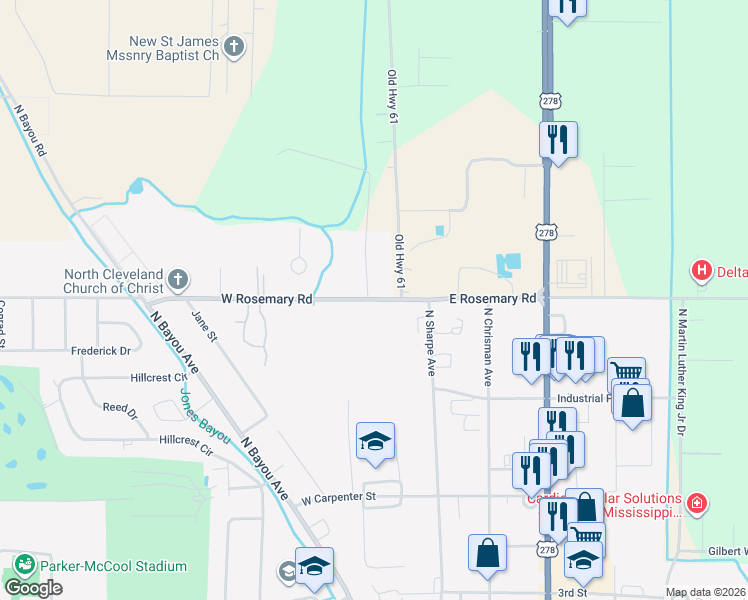 map of restaurants, bars, coffee shops, grocery stores, and more near 101-173 West Rosemary Road in Cleveland