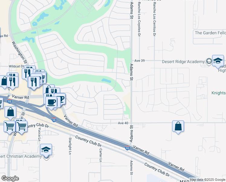 map of restaurants, bars, coffee shops, grocery stores, and more near 39300 Manorgate Road in Palm Desert