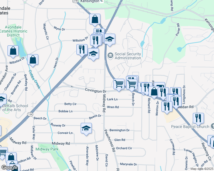 map of restaurants, bars, coffee shops, grocery stores, and more near 3581 Midway Road in Decatur