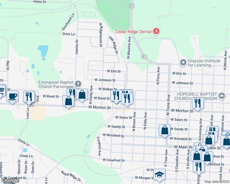 map of restaurants, bars, coffee shops, grocery stores, and more near 1530 W Walker St in Denison