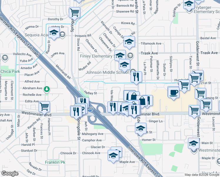 map of restaurants, bars, coffee shops, grocery stores, and more near 13761 Ida Way in Westminster