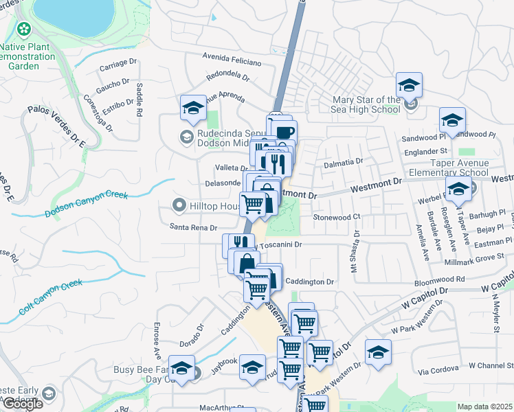 map of restaurants, bars, coffee shops, grocery stores, and more near 28370 South Western Avenue in Rancho Palos Verdes