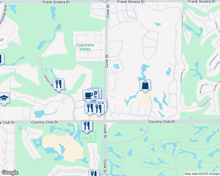 map of restaurants, bars, coffee shops, grocery stores, and more near 752 Vista Lago Drive North in Palm Desert