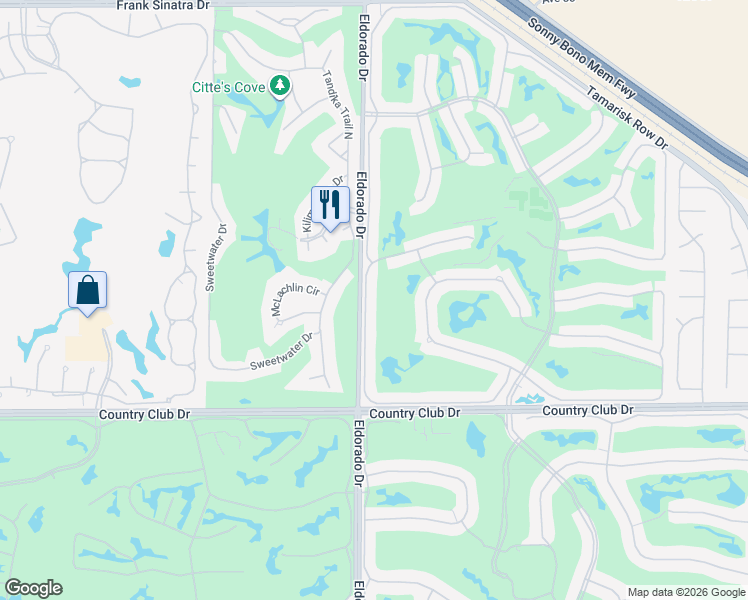 map of restaurants, bars, coffee shops, grocery stores, and more near 39432 Narcissus Way in Palm Desert