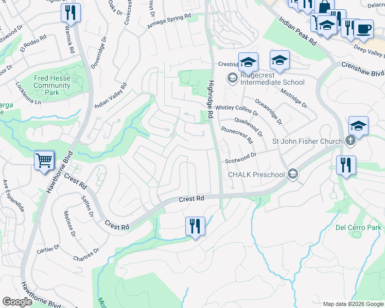 map of restaurants, bars, coffee shops, grocery stores, and more near 16 Country Meadow Road in Rolling Hills Estates