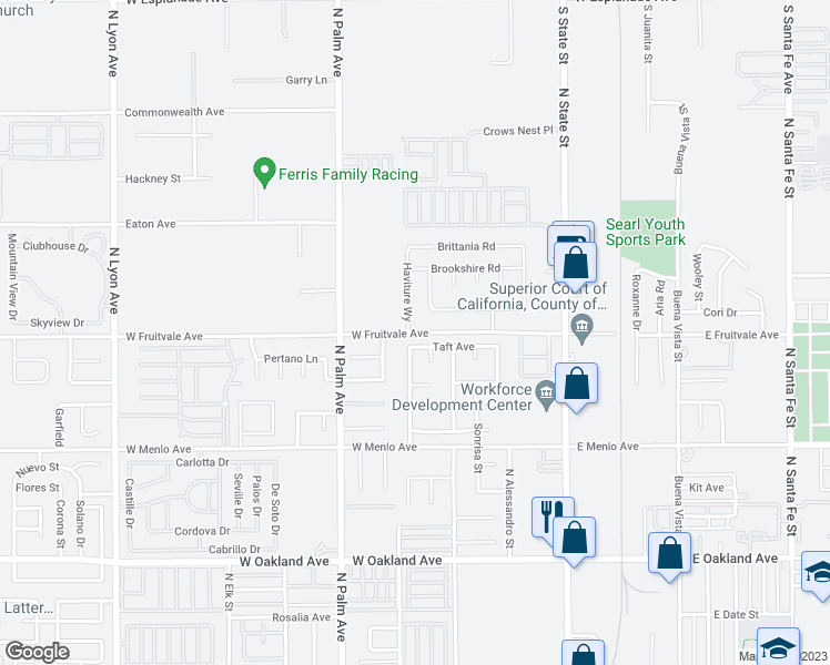 map of restaurants, bars, coffee shops, grocery stores, and more near 630 West Fruitvale Avenue in Hemet