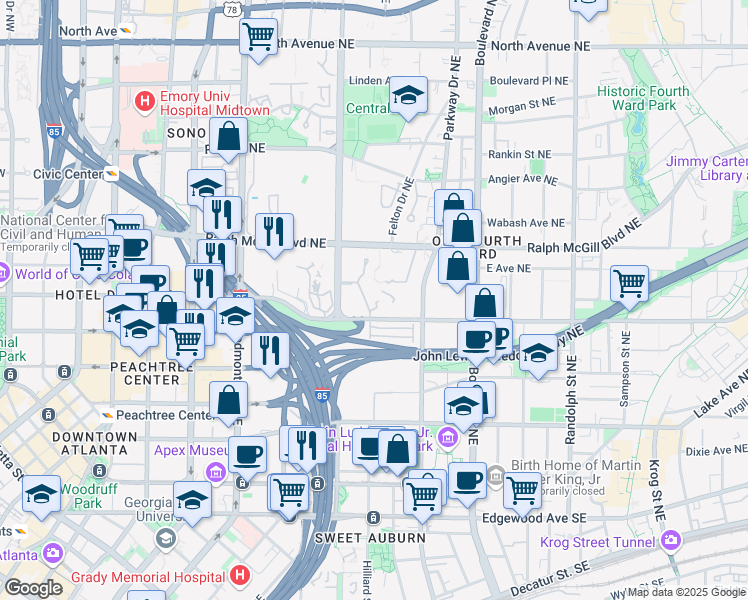 map of restaurants, bars, coffee shops, grocery stores, and more near 1015 McGill Park Avenue Northeast in Atlanta
