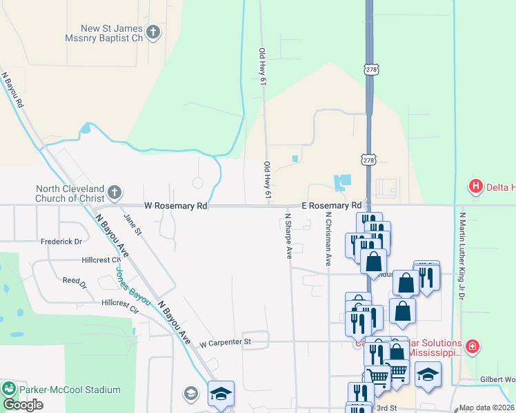 map of restaurants, bars, coffee shops, grocery stores, and more near 101 West Rosemary Road in Cleveland