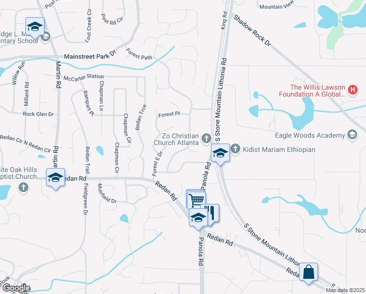 map of restaurants, bars, coffee shops, grocery stores, and more near 1078 Forest Path in Stone Mountain