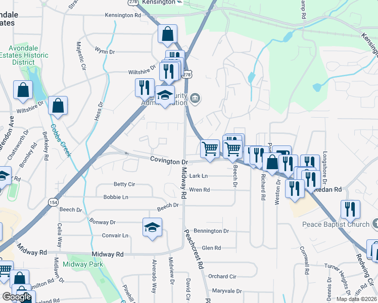 map of restaurants, bars, coffee shops, grocery stores, and more near 3310 Sangster Way in Decatur