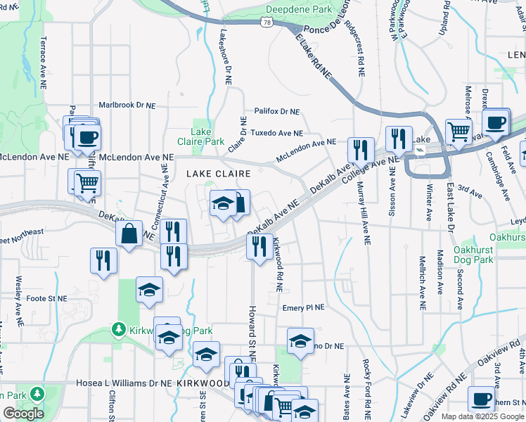 map of restaurants, bars, coffee shops, grocery stores, and more near 285 Oxford Place Northeast in Atlanta