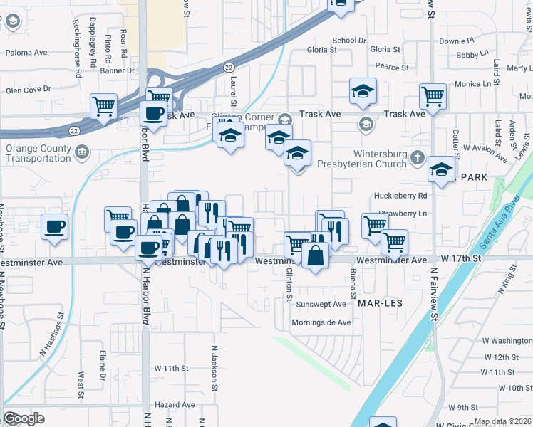 map of restaurants, bars, coffee shops, grocery stores, and more near 12433 Rock Springs Court in Garden Grove
