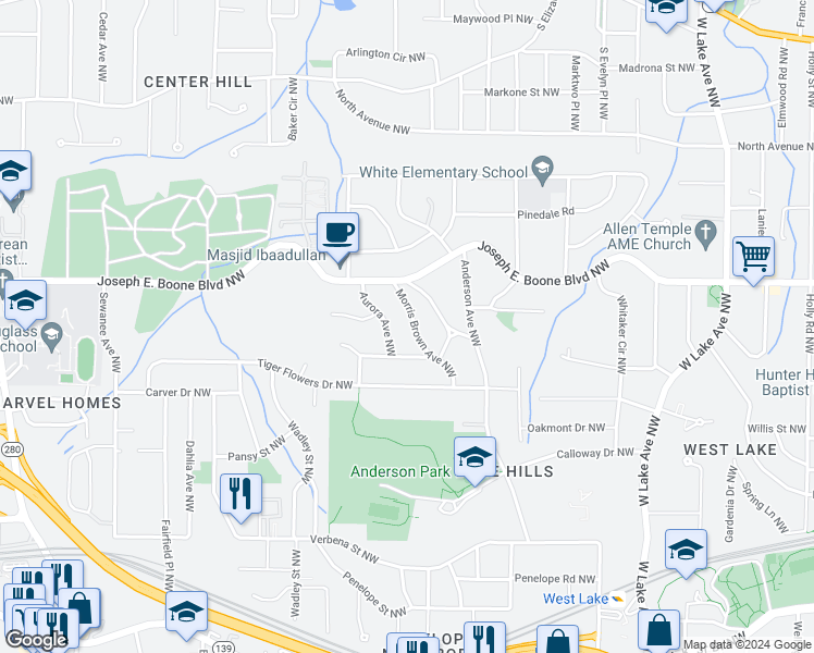 map of restaurants, bars, coffee shops, grocery stores, and more near 244 Morris Brown Avenue Northwest in Atlanta