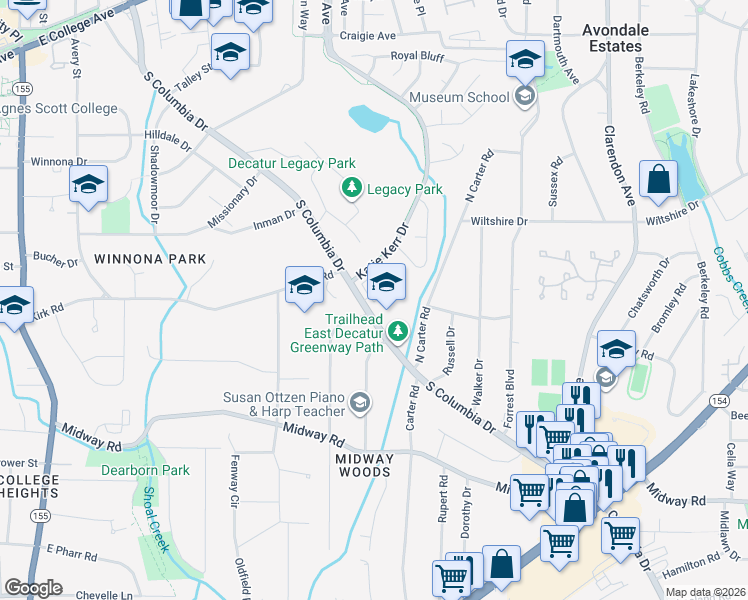 map of restaurants, bars, coffee shops, grocery stores, and more near 838 South Columbia Drive in Decatur